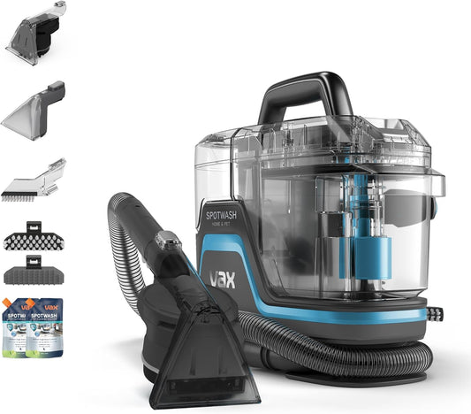 Vax SpotWash Home and Pet Spot Cleaner, Upholstery, Sofa, Stairs, Home, Car, Rug, Stain Cleaning Small Handheld Shampooer Machine, Additional Solution, SpinScrub and Tools, 4.5kg, Grey/Cyan, CDSW-MPDP